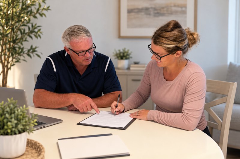 Teghan reviewing a policy with a client at a kitchen table